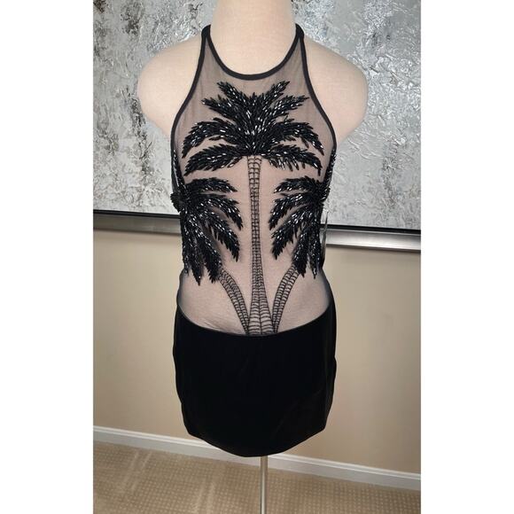 Retrofete Ondine Sequin Embellished Palm Tree Sheer Black Mini Dress Size Medium - Picture 4 of 9